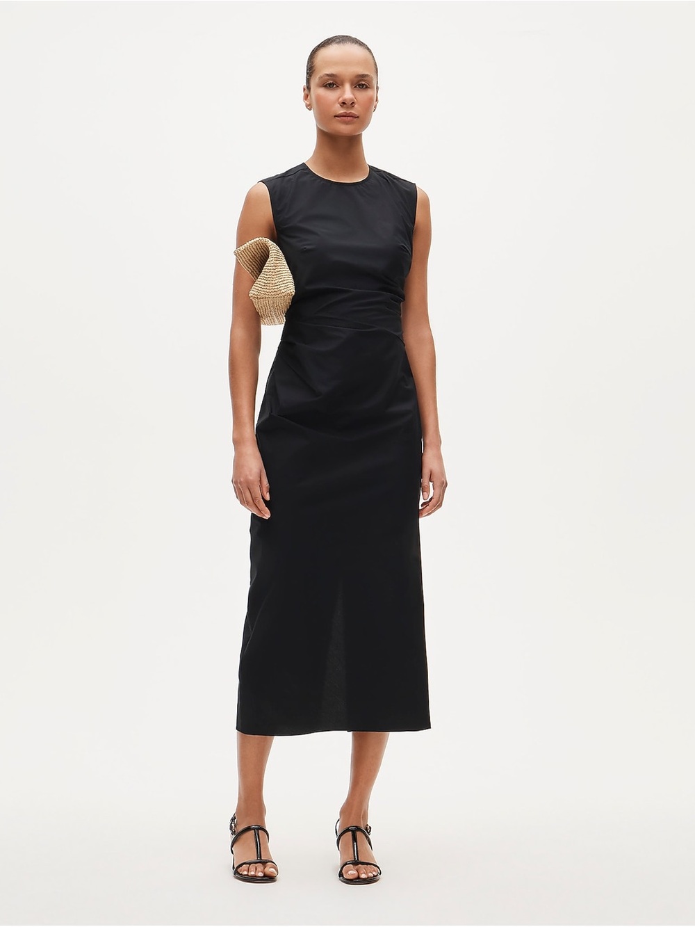 NWT J.Crew Ruched Midi Dress Stretch Cotton Poplin Black Size 6 Wedding Guest
